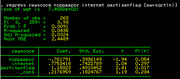 Stata regression output showing rawscore regressed on ncppaapor, internet, and partisanflag variables with coefficients, standard errors, t-statistics, and p-values.