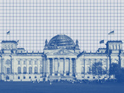 Blue-tinted editorial illustration of the German Reichstag building in Berlin overlaid with a grid pattern background.