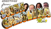 Retro postcard-style illustration reading Greetings from South Carolina with political candidates' faces peeking above the letters.