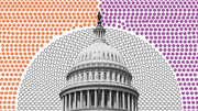 Editorial illustration of the US Capitol dome in black and white surrounded by orange, purple, and empty circle dot patterns suggesting political party divisions.