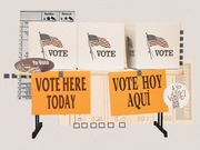 Editorial collage illustration showing voting booths, ballots, and bilingual Vote Here Today signs in English and Spanish.