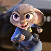 Animated rabbit character Judy Hopps from the Disney film Zootopia, dressed in a police uniform, in a running pose.
