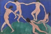 Matisse's painting Dance showing five nude figures holding hands in a circle against a blue background with green ground.