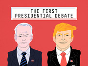 Editorial cartoon illustration of Joe Biden and Donald Trump side by side on a red background with the title The First Presidential Debate.