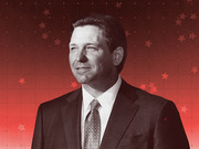 Editorial illustration of a man in a suit and tie against a red background with stars and a dotted grid pattern.