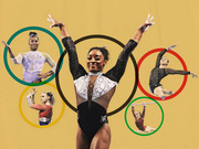 Editorial illustration of five gymnasts including Simone Biles in the center, surrounded by Olympic rings on a golden background.