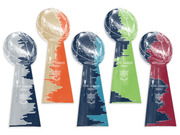 Five Vince Lombardi Trophy illustrations colored in different NFL team color schemes, each labeled with the trophy name and NFL logo.