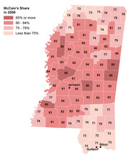 Choropleth map of Mississippi counties showing McCain's vote share in the 2008 presidential election, with counties shaded from light pink to dark red based on percentage ranges.