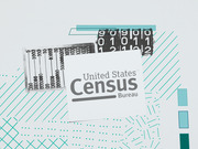 Editorial illustration featuring the United States Census Bureau logo, an abacus, and a number counter on a teal geometric patterned background.