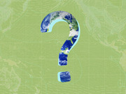 Editorial illustration of a large question mark filled with a satellite image of Earth against a green world map background.