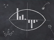 Chalk drawing on a blackboard combining a football shape with a bar chart inside it, surrounded by football play diagrams and X-and-O symbols.