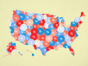 US map with red and blue circles of varying sizes overlaid on each state, each displaying a percent sign representing political or polling data by state.