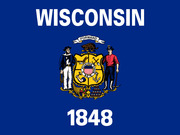 The state flag of Wisconsin featuring the state coat of arms with a sailor and miner, a badger on top, the motto Forward, and the year 1848 on a blue background.