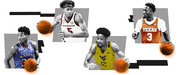 Editorial collage illustration of four college basketball players in Kansas, Arkansas Razorbacks, West Virginia, and Texas uniforms with stylized geometric backgrounds.