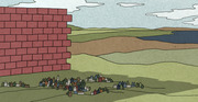 Editorial illustration showing a massive red brick wall towering over a small town in a rolling landscape, suggesting themes of barriers or division.