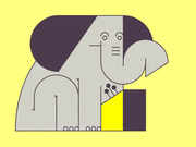 Stylized geometric illustration of an elephant in gray and purple tones on a yellow background, with abstract shapes forming its body.