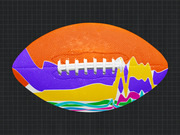 Decorative editorial illustration of an American football overlaid with colorful stacked area chart patterns in orange, purple, yellow, green, teal, and pink on a dark grid background.