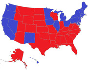US electoral map showing states colored red or blue, likely representing Republican and Democratic party results in a presidential election.