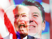 Stylized editorial illustration showing two overlapping faces of political figures with red, white, and blue color treatment suggesting a Trump-Reagan comparison.