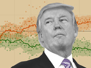 Editorial illustration of Donald Trump in black and white overlaid on a background showing approval rating trend lines in orange and green with scattered data points.