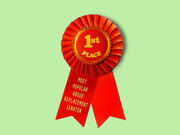 A red 1st place ribbon award with gold text reading Most Popular Above Replacement Senator on its tail ribbons.