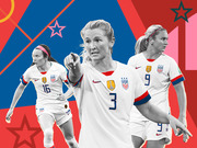 Editorial illustration of three USWNT soccer players in white USA jerseys numbered 16, 3, and 9 against a colorful geometric red and blue background with stars.