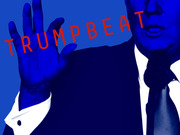 Blue-toned stylized editorial illustration of a suited figure with the word TRUMPBEAT in red letters, used as a FiveThirtyEight column header graphic.