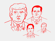 Red line drawing illustration of four male political figures in suits, with one large face dominating the left and three smaller portraits on the right.