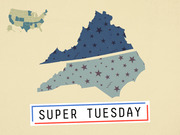 Editorial illustration showing the state outlines of Virginia and North Carolina decorated with stars, alongside a small US map highlighting Super Tuesday states, with the label Super Tuesday.