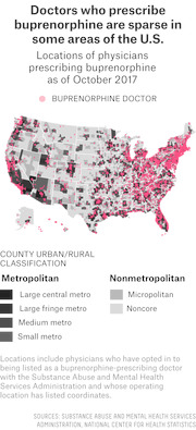US map showing locations of physicians prescribing buprenorphine as of October 2017, with counties shaded by urban/rural classification and pink dots marking buprenorphine doctors.