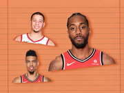 Editorial illustration showing three NBA players in basketball uniforms cut out against an orange lined-paper background.