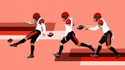 Editorial illustration showing a San Diego State football player in three sequential poses demonstrating a punt or kick motion against a pink geometric background.