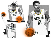 Editorial collage illustration of three Baylor basketball players in white uniforms with orange-glowing basketballs on a black-and-white graphic background.