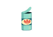 Simple editorial illustration of an open teal tin can with a decorative label showing red fish or sardines inside.