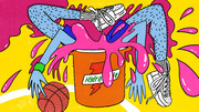 Colorful editorial cartoon of a figure being dunked into a Gatorade-style sports drink cooler on a basketball court, with pink liquid splashing everywhere.