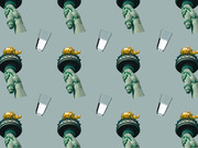 Repeating pattern of Statue of Liberty torch and crown details alongside glasses of water on a muted teal background.