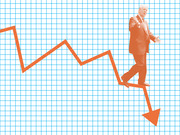 Editorial illustration of a figure resembling Donald Trump standing on a downward-trending orange line graph arrow against a blue grid background.