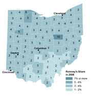 Choropleth map of Ohio counties showing Romney's share of the 2008 Republican primary vote, with numbers in each county and a four-tier color legend.