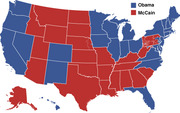 US electoral map showing 2008 presidential election results with states colored blue for Obama and red for McCain.