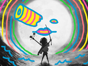 Editorial illustration showing a silhouetted child warrior holding weapons before a large moon, overlaid with colorful neon doodles of a face and swirling lines.