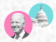 Editorial illustration showing a black-and-white portrait of Joe Biden on a pink circle alongside the U.S. Capitol building on a teal circle, on a dotted background.