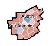 A small choropleth map showing the Austin and San Antonio metropolitan areas in Texas, with counties shaded in pink and red tones.