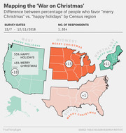 US map showing the difference between percentage of people who favor 'merry Christmas' vs 'happy holidays' by Census region, based on a December 2016 survey.