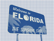 Blue-tinted editorial illustration of the Welcome to Florida - The Sunshine State road sign against a grid background.