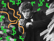 Black and white photo of a wizard character overlaid with green dollar signs and orange squiggly lines as editorial illustration.