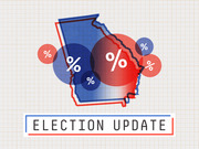 Editorial illustration showing the state of Georgia outlined in red and blue with overlapping circles containing percent signs, labeled Election Update.