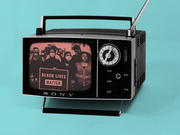 Editorial illustration of a vintage Sony portable TV displaying a tinted image of Black Lives Matter protesters wearing masks, set against a teal background.