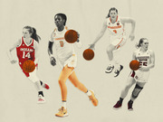 Editorial collage of four women's college basketball players in uniforms from Indiana, Tennessee, Syracuse, and Mississippi State dribbling basketballs.