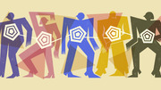 Editorial illustration showing stylized geometric human figures in blue, pink, yellow, and green, each with a concentric pentagon target on their torso, connected by a line.