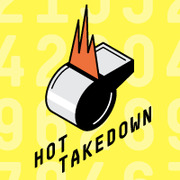 Logo for the Hot Takedown podcast featuring an illustrated whistle with a flame on a yellow background with faint numbers.